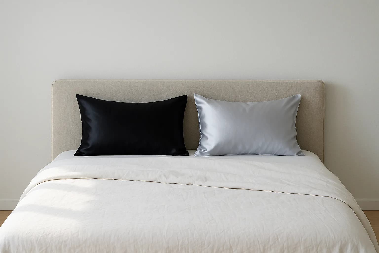 A made bed in a bright room, one pillow cased in black silk and one in silver