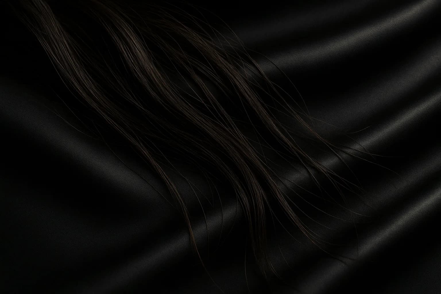 Long dark hair fanned across black silk, lit at a low rake so the fold ridges read