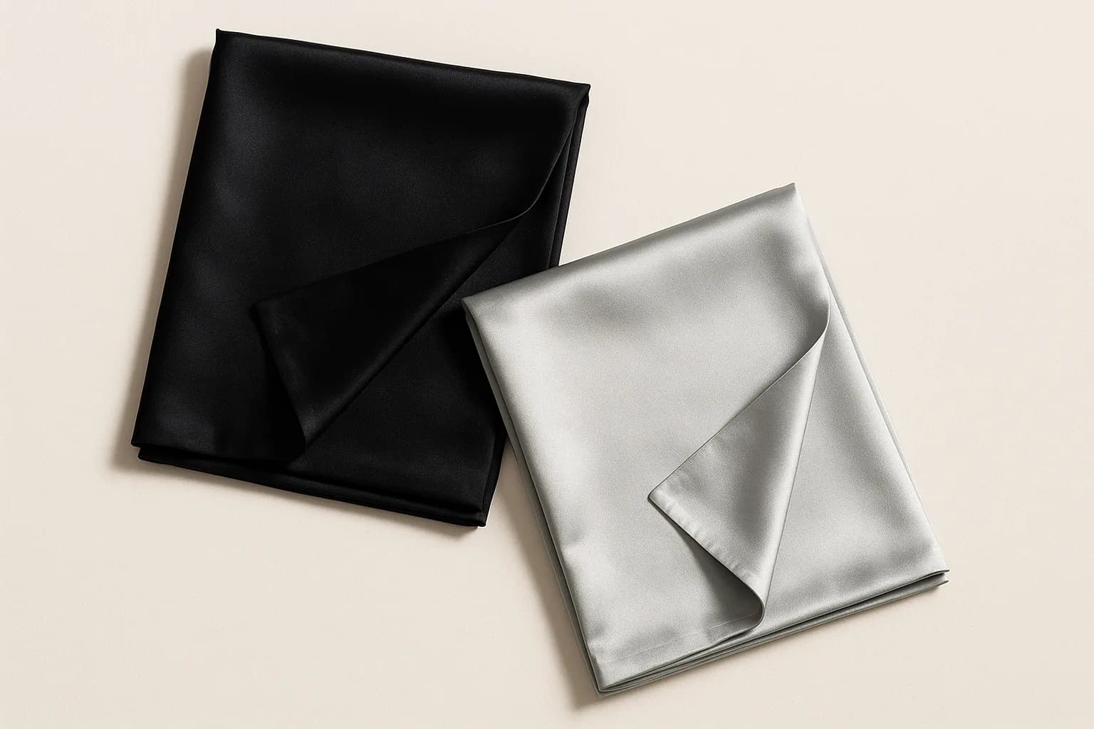 The black and silver cases folded flat, one corner turned back to show silk on both faces