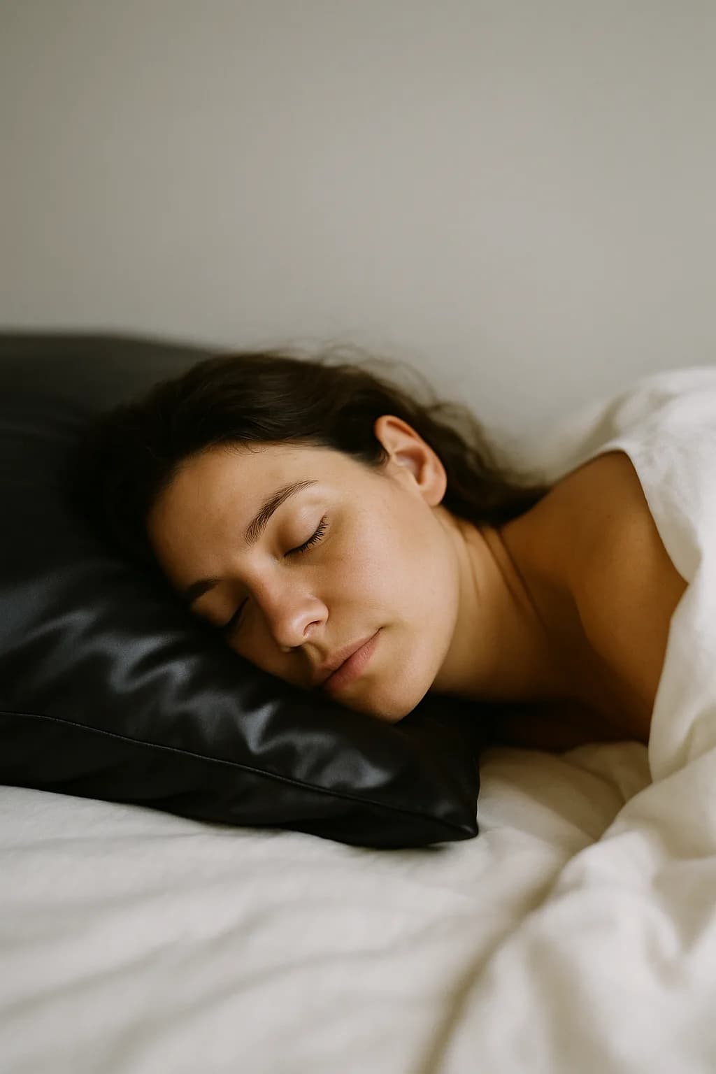 A woman asleep on her side, cheek resting on a black mulberry silk pillowcase in morning light