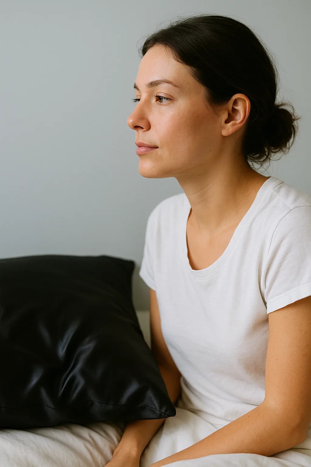 A woman lifting her head from a black silk pillow, her cheek unmarked by any crease